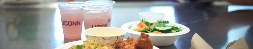 Mac 'n cheese, chicken nuggets, sauce and a vinaigrette salad was one team's entry during a competition at the UCann Cook Camp at Gelfenbien Commons